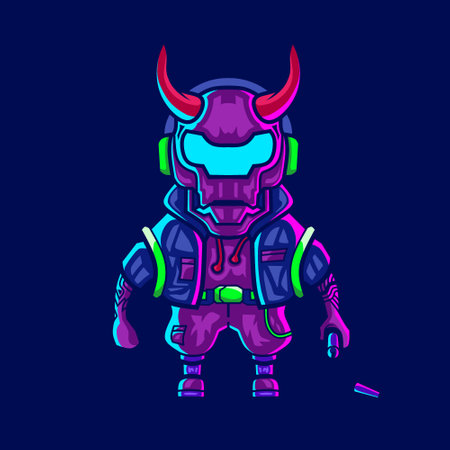 Samurai cyberpunk logo line pop art portrait fiction colorful design with dark background. Abstract vector illustration.のイラスト素材