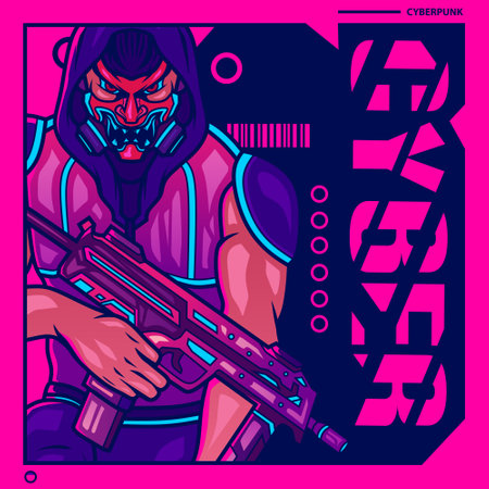 Samurai man wear gun cyberpunk art style. Colorful fiction design with dark background. Abstract vector illustration.のイラスト素材
