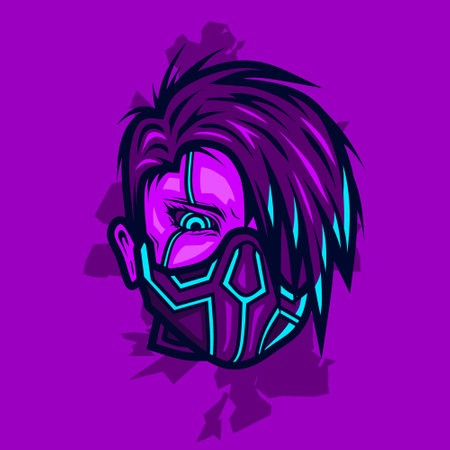 Samurai head cyberpunk logo vector fiction colorful design illustration with red background.のイラスト素材