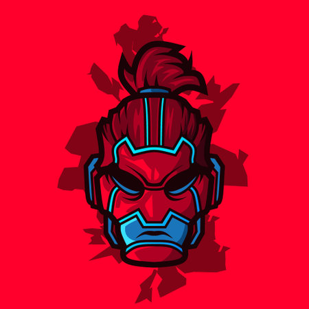 Samurai head cyberpunk logo vector fiction colorful design illustration with red background.のイラスト素材