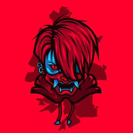 Samurai head cyberpunk logo vector fiction colorful design illustration with red background.のイラスト素材