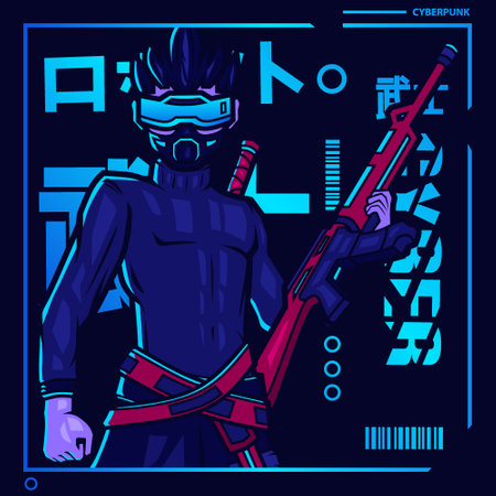 Samurai cyberpunk fiction character vector. Colorful t-shirt design illustration. Translation :"Robot Samurai Robot"のイラスト素材