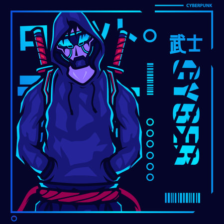 Samurai cyberpunk fiction character vector. Colorful t-shirt design illustration. Translation :"Robot Samurai Robot"のイラスト素材