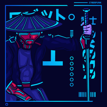 Samurai cyberpunk fiction character vector. Colorful t-shirt design illustration. Translation :"Robot Samurai Robot"のイラスト素材