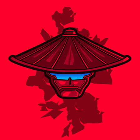 Samurai robot face cyberpunk style logo vector fiction illustration. Isolated tshirt design with red background.のイラスト素材