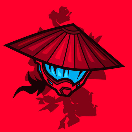 Samurai robot face cyberpunk style logo vector fiction illustration. Isolated tshirt design with red background.のイラスト素材