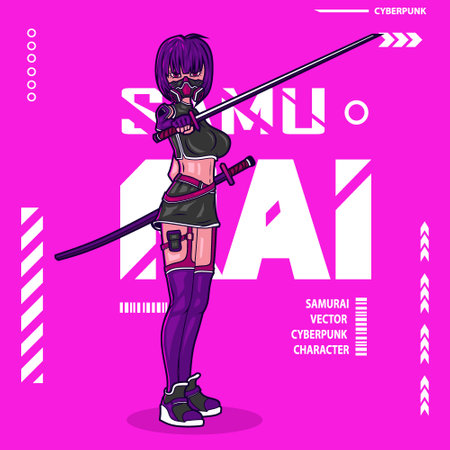Samurai woman cyberpunk character vector fiction colorful design illustration.のイラスト素材