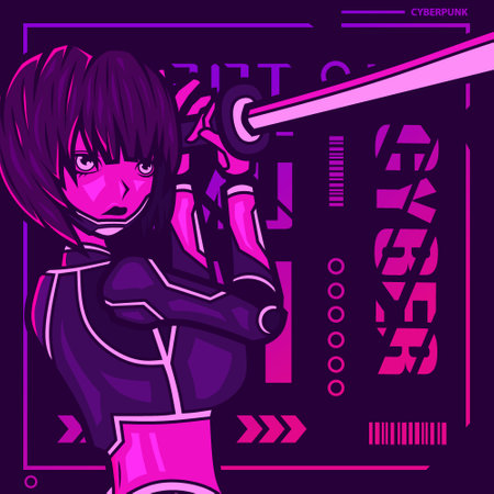 Samurai woman cyberpunk fiction character vector. Colorful t-shirt design illustration.のイラスト素材