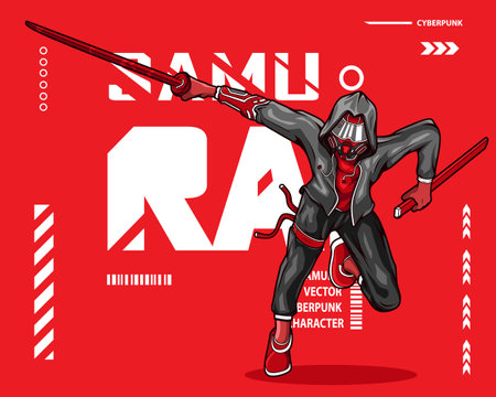 Samurai hero cyberpunk fiction character vector. Colorful t-shirt design illustration.のイラスト素材