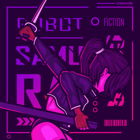 Samurai woman cyberpunk character vector fiction colorful design illustration.のイラスト素材