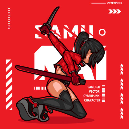Samurai woman cyberpunk character vector fiction colorful design illustration.のイラスト素材