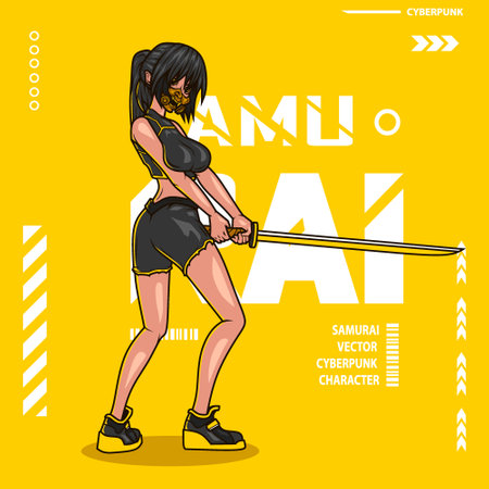 Samurai woman cyberpunk character vector fiction colorful design illustration.のイラスト素材
