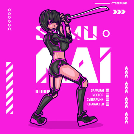 Samurai woman cyberpunk character vector fiction colorful design illustration.のイラスト素材