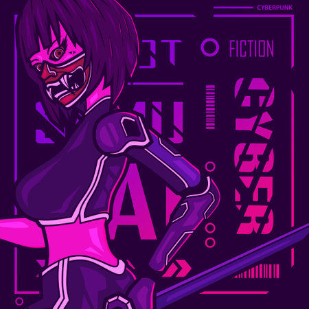 Samurai woman cyberpunk fiction character vector. Colorful t-shirt design illustration.のイラスト素材