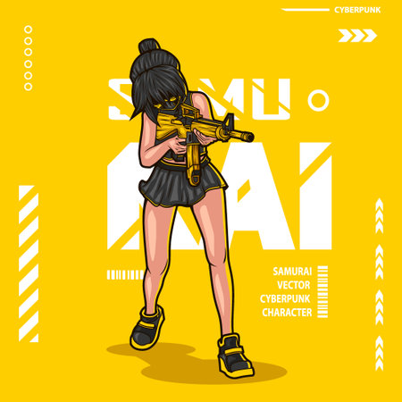 Cute girl with a gun. Vector illustration in a flat style.のイラスト素材