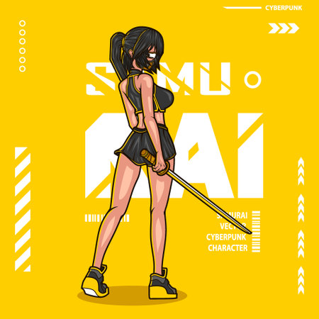 Samurai woman cyberpunk character vector fiction colorful design illustration.のイラスト素材