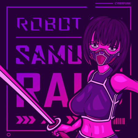 Samurai woman cyberpunk character vector fiction colorful design illustration.のイラスト素材
