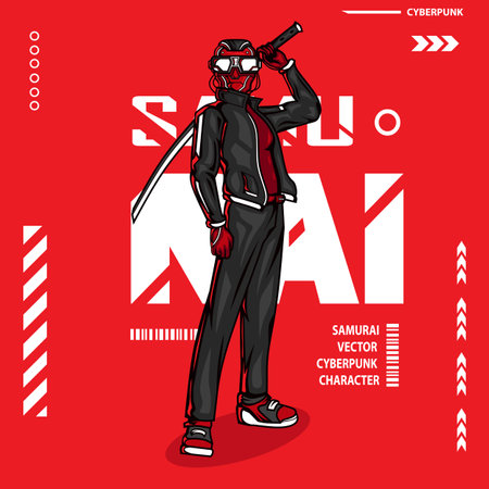 Futuristic cartoon character. Vector illustration of a man with a sword.のイラスト素材