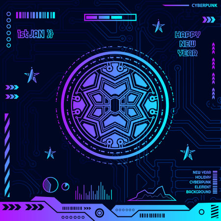 New year cyberpunk technology design with dark background. Abstract vector illustration.のイラスト素材