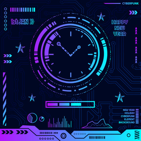 Digital screen clock cyberpunk technology design with dark background. Abstract vector illustration.のイラスト素材