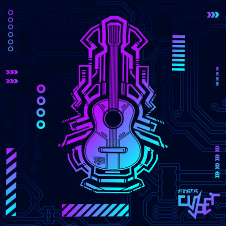 Abstract vector background with electric guitar and circuit board. Music concept. Cyberpunk design with dark backgroundのイラスト素材