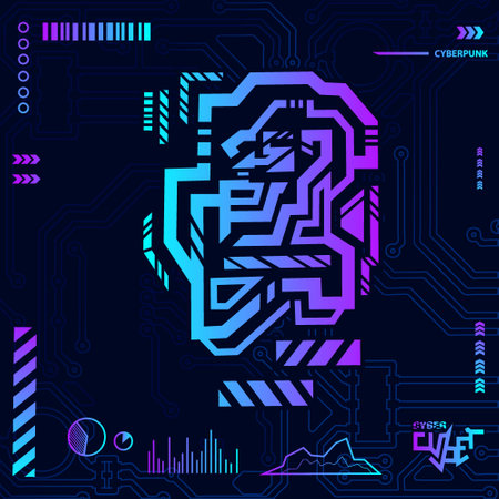 Artificial intelligence concept. Vector illustration of human head with circuit board. Cyberpunk design with dark background.のイラスト素材