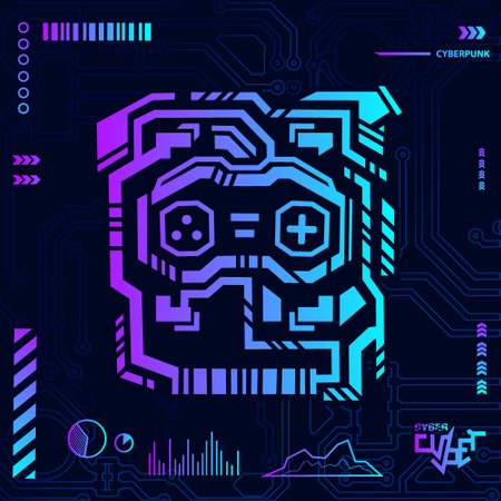 Abstract technological background with various technological elements. Hi-tech circuit board illustration. Cyberpunk design with dark background.のイラスト素材
