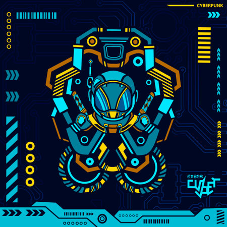Astronaut explore the galaxy cyberpunk blue design with dark background. Abstract technology vector illustration.のイラスト素材