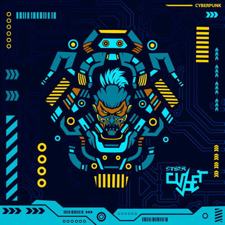 Samurai cyberpunk ninja design with dark background. Abstract technology vector illustration.のイラスト素材
