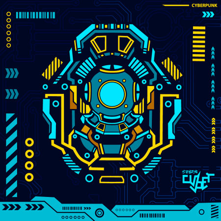 Scuba diving helmet cyberpunk blue design with dark background. Abstract technology vector illustration.のイラスト素材