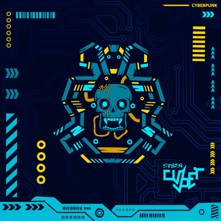 Robot skull in neon cyberpunk blue design with dark background. Abstract technology vector illustration.のイラスト素材