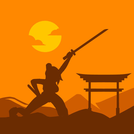 Samurai japan sword knight line potrait logo colorful design with dark background. Isolated navy background for t-shirt, poster, clothing, merch, apparel, badge designのイラスト素材