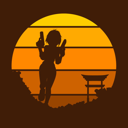 Beautiful woman holding gun. Fighter girl cyberpunk fiction colorful t-shirt design. Abstract vector illustration.のイラスト素材