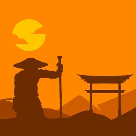 Samurai japan sword knight line potrait logo colorful design with dark background. Isolated navy background for t-shirt, poster, clothing, merch, apparel, badge designのイラスト素材