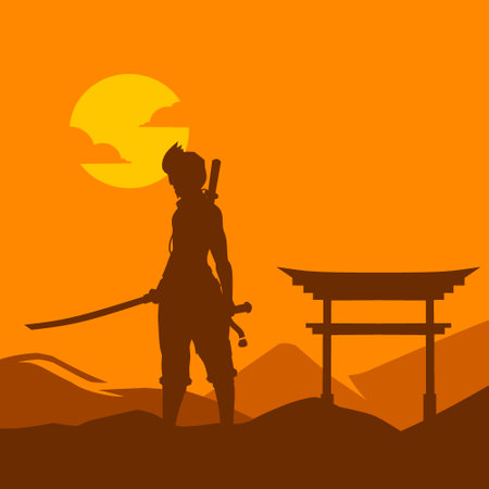 Samurai japan sword knight vector logo colorful design. Isolated background for t-shirt, poster, clothing, merch, apparel, badge design.のイラスト素材