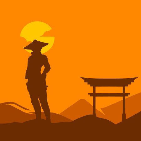 Samurai japan sword knight vector logo colorful design. Isolated background for t-shirt, poster, clothing, merch, apparel, badge design.のイラスト素材