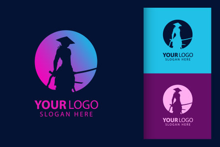 Samurai man logo in cyberpunk. Colorful symbol template design with soft background. Abstract vector branding.のイラスト素材