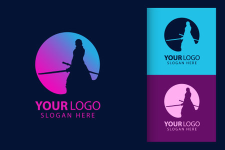 Samurai man logo in cyberpunk. Colorful symbol template design with soft background. Abstract vector branding.のイラスト素材