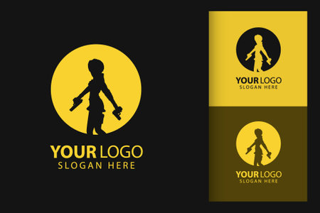 Beautiful woman holding gun logo. Colorful symbol template vector branding design. Isolated with soft background.のイラスト素材