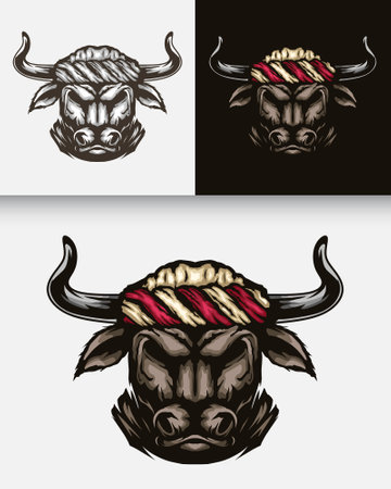 Animal batak buffalo character illustration. Simple ethnic animal head culture vector design. Isolated with soft background.のイラスト素材