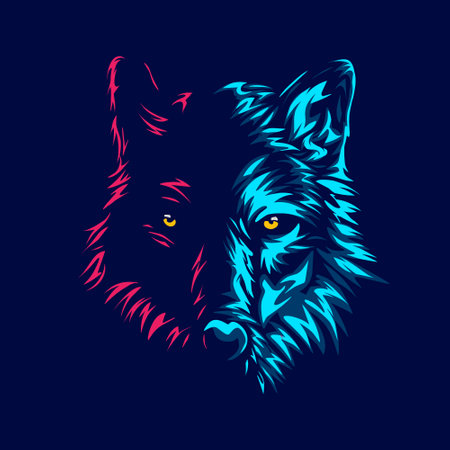 Wolf logo line pop art portrait colorful design with dark background. Abstract animal vector illustration.のイラスト素材