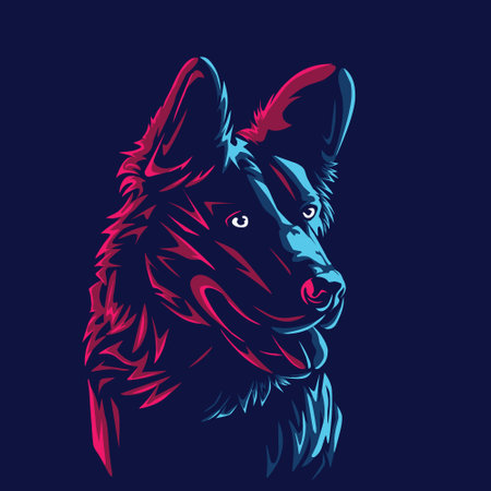 Dog logo line pop art portrait colorful neon design with dark background. Abstract animal vector illustration.のイラスト素材