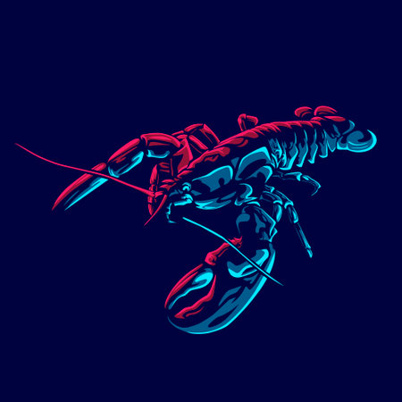 Lobster logo with colorful neon line art design with dark background. Abstract underwater animal vector illustration.のイラスト素材