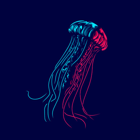 Jellyfish logo with colorful neon line art design with dark background. Abstract underwater marine animal hand drawn sketch vector illustration.のイラスト素材