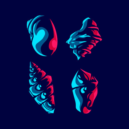 Seashells line neon art logo colorful design with dark background. Abstract mollusk sea shells animal vector illustration. Isolated black background for t-shirt, poster, clothing.のイラスト素材