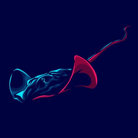 Stingray logo with colorful neon line art design with dark background. Abstract underwater animal vector illustration.のイラスト素材
