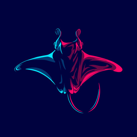 Manta ray logo with colorful neon line art design with dark background. Abstract underwater animal vector illustration.のイラスト素材