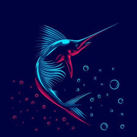 Black marlin logo with colorful neon line art design with dark background. Abstract underwater animal vector illustration.のイラスト素材