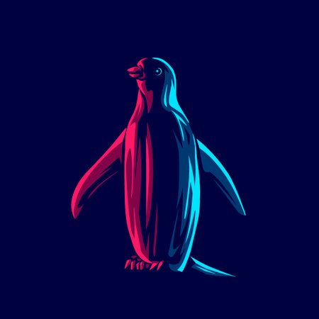Penguin logo with colorful neon line art design with dark background. Abstract underwater animal vector illustration.のイラスト素材