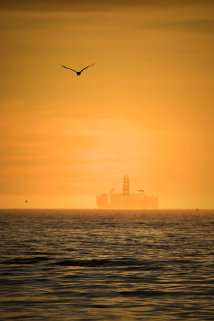 Oil Rig on the horizon with seagulls flying around at sunset.の写真素材